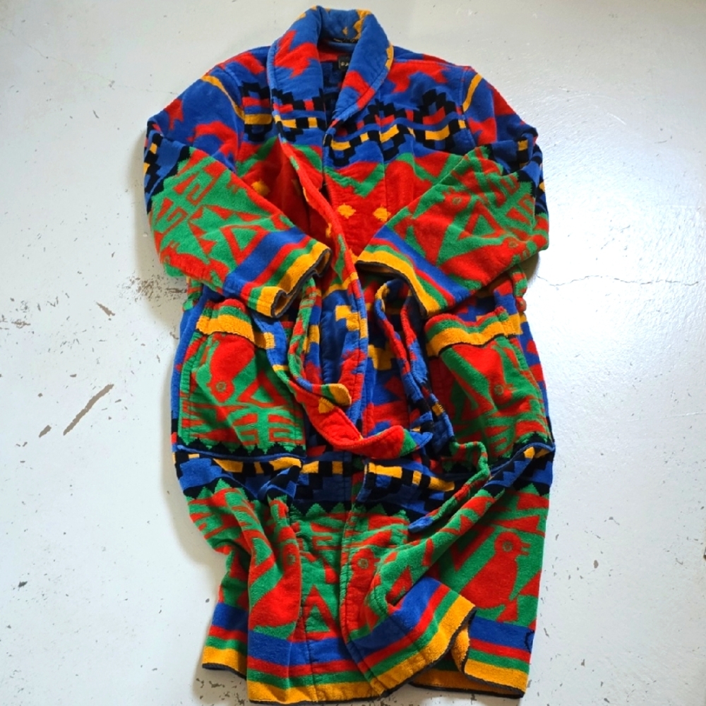 Vintage 1990s Southwest Geometric Aztec Terry Cloth Robe Cypress By Juana Berber